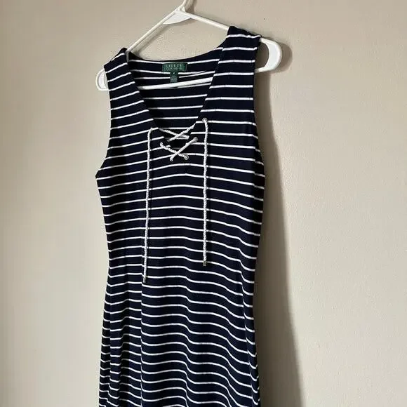 Lauren Ralph Lauren Dress Nautical Stripe Lace Up Sheath Sleeveless Summer MED - Picture 3 of 8
